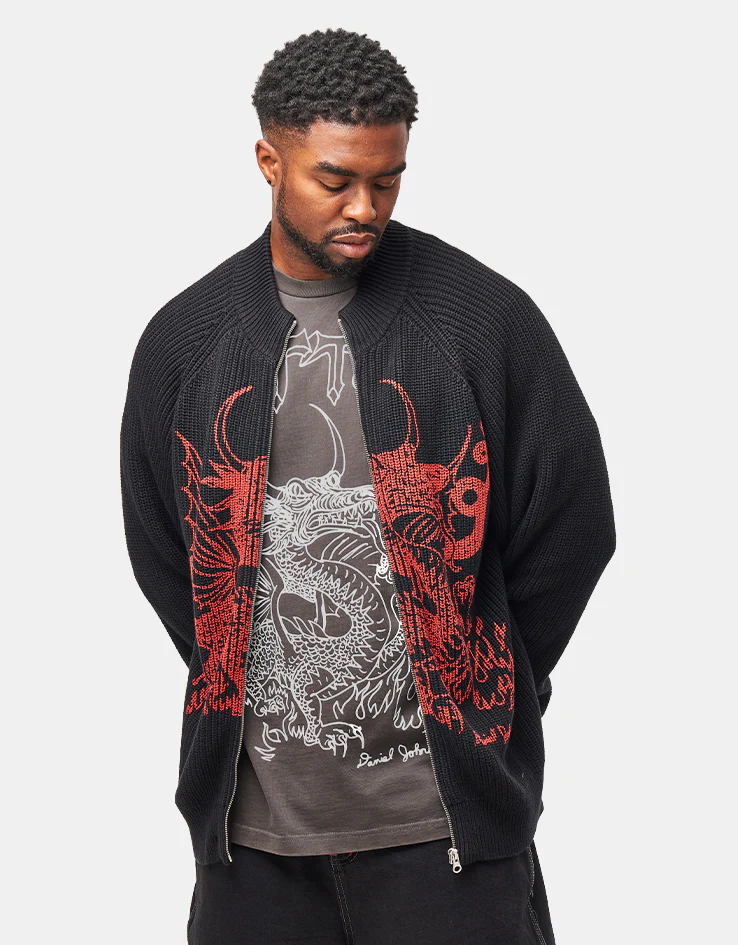 Butter Goods x Daniel Johnston Dragon Knit Zip-Thru Sweater - Black/Red - Image 2