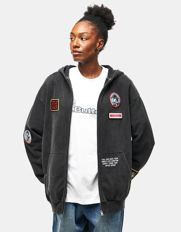 Butter Goods x Peanuts Patches Zip-Thru Hoodie - Washed Black - Image 12