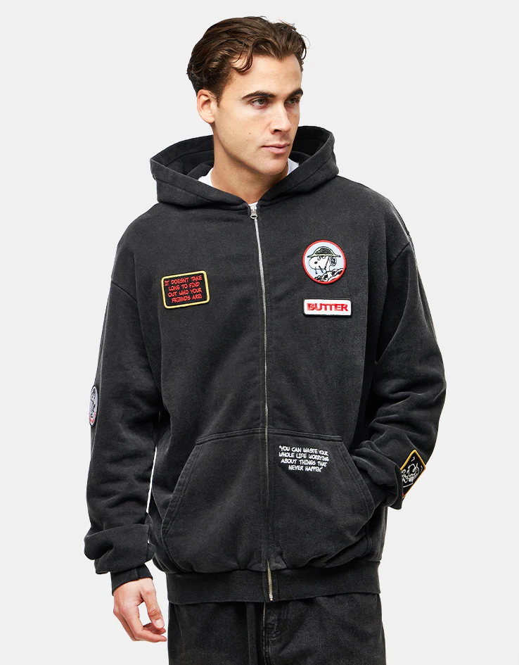 Butter Goods x Peanuts Patches Zip-Thru Hoodie - Washed Black - Image 2