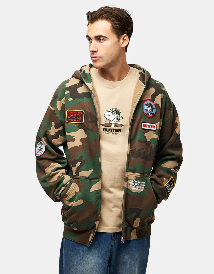 Butter Goods x Peanuts Patches Zip-Thru Hoodie - Washed Camo - Image 3