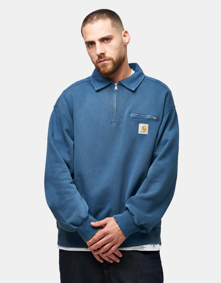 Carhartt WIP Half Zip Detroit Sweat - Blue River (Stone Washed) - Image 2