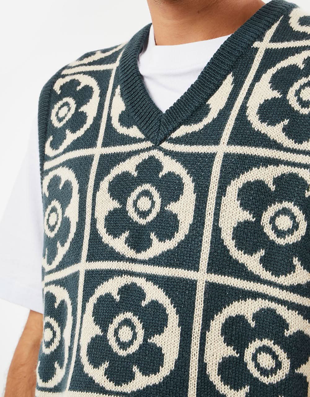 Route One Majolica Knitted Vest - Teal/Ivory Cream - Image 2