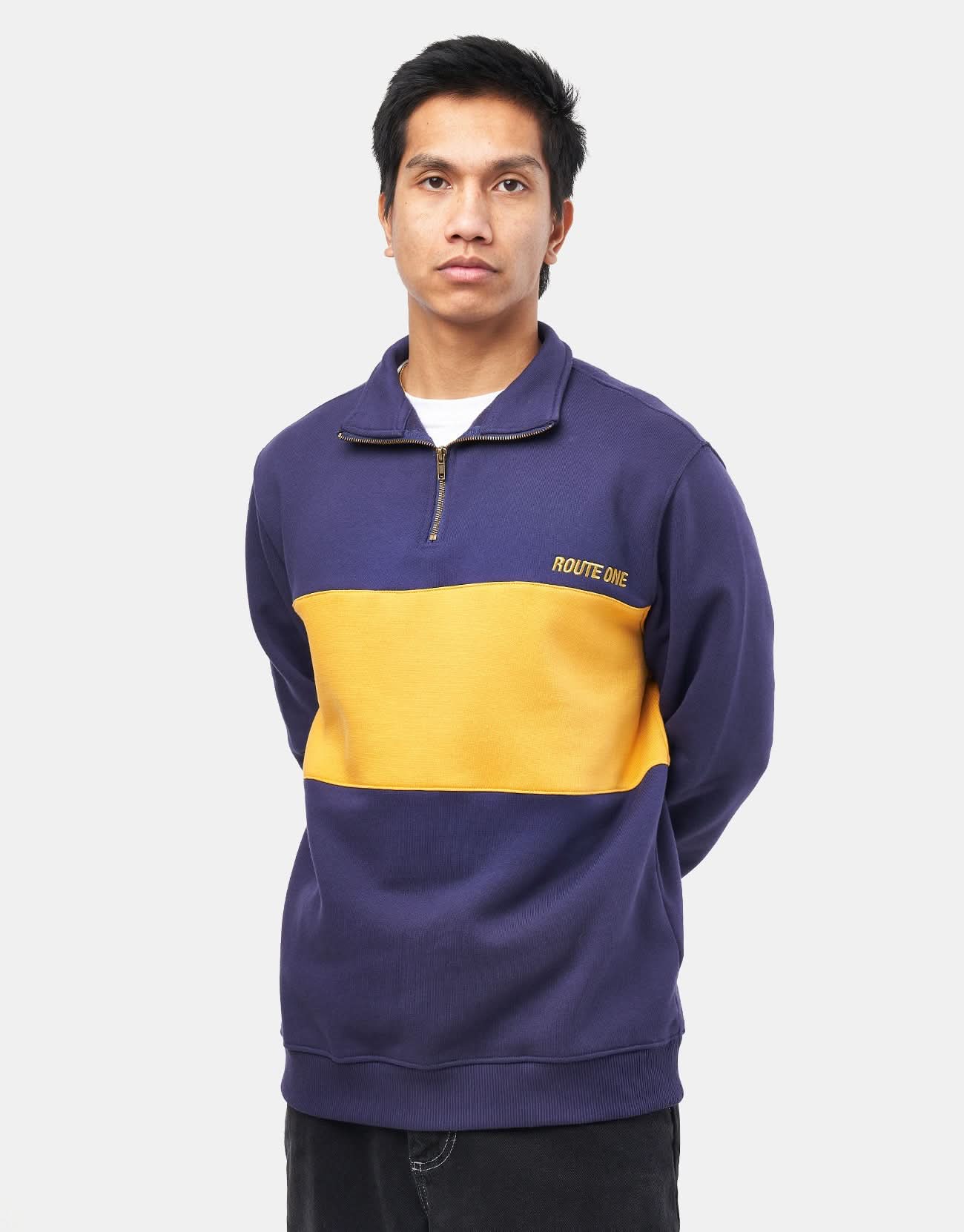 Route One Organic Blocked 1/4 Zip Sweat - Navy/Sunflower - Image 3