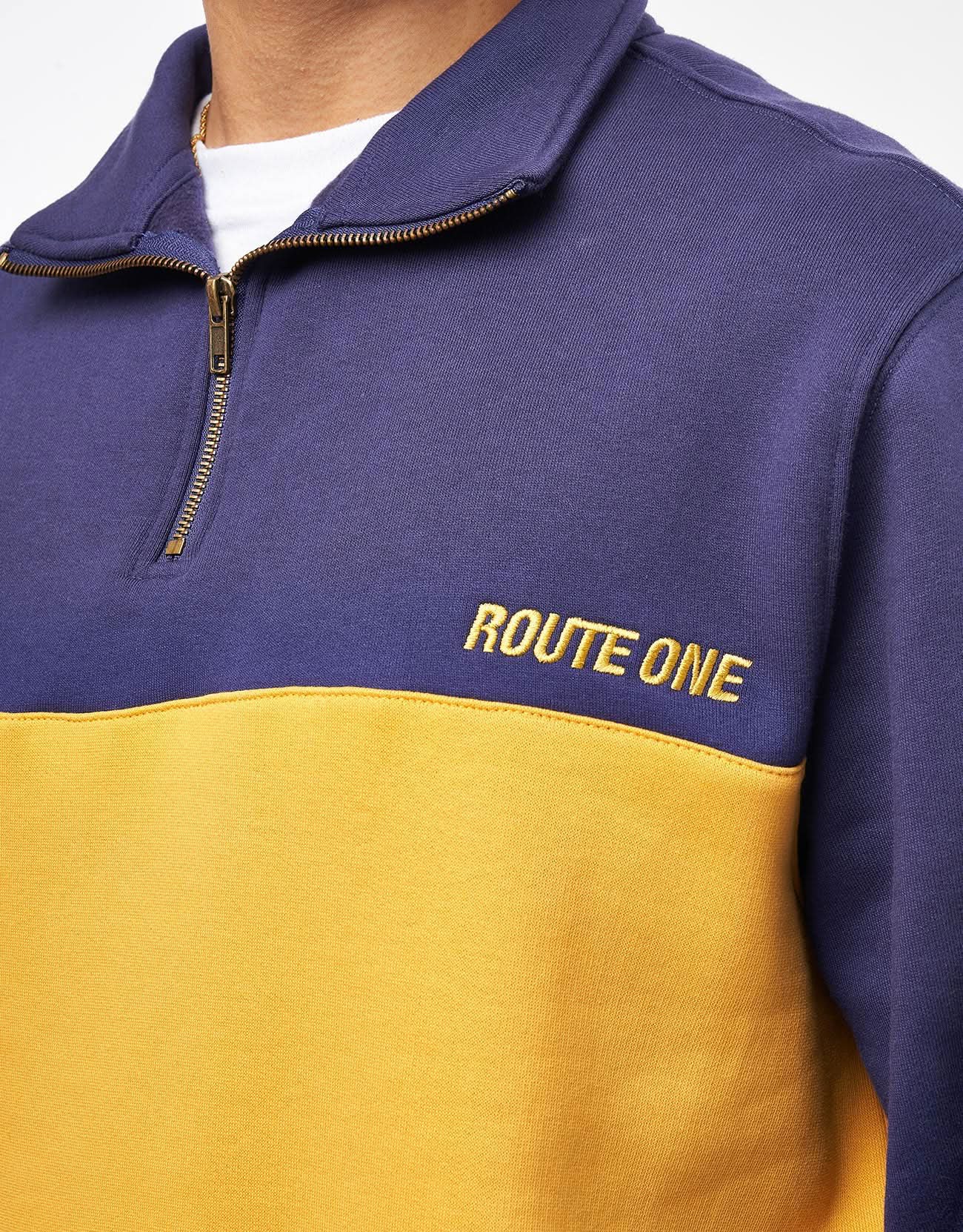 Route One Organic Blocked 1/4 Zip Sweat - Navy/Sunflower - Image 4