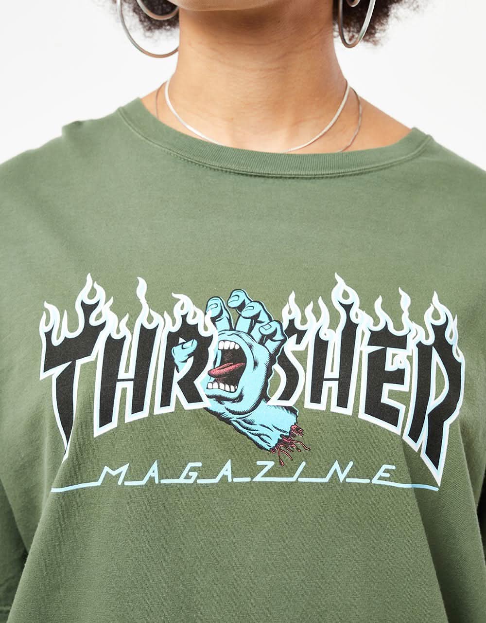 Santa Cruz x Thrasher Womens Screaming Flame Logo T-Shirt - Moss - Image 3